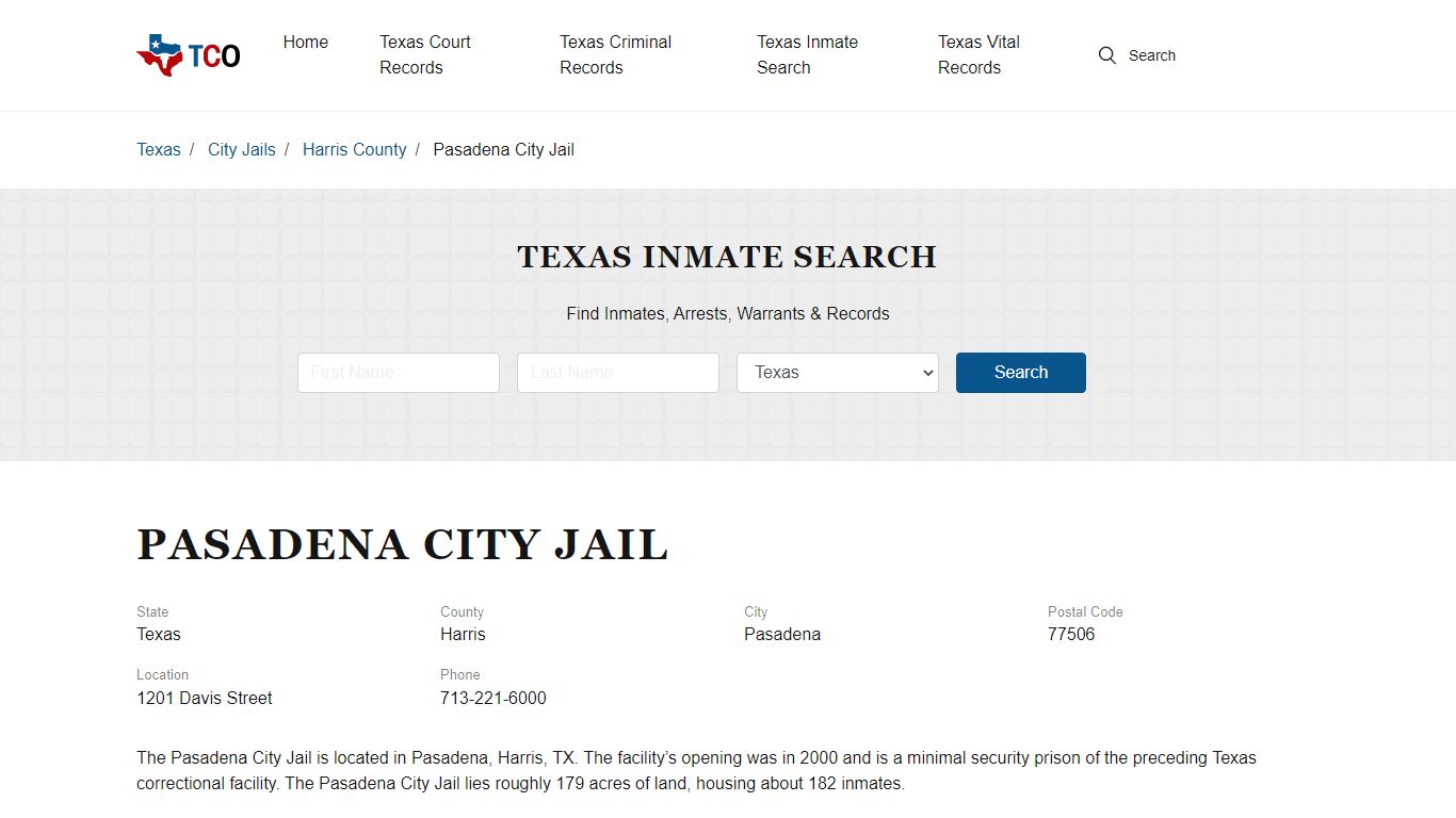 Pasadena City Jail in Pasadena, TX - Contact Information and Public Records